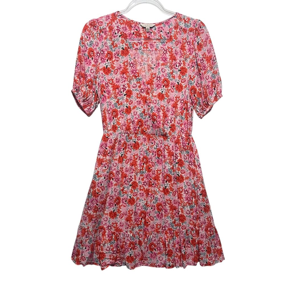 Lucky Brand Red‎ & Pink Floral Mini Dress Small Short Sleeve Tiered Boho Pockets